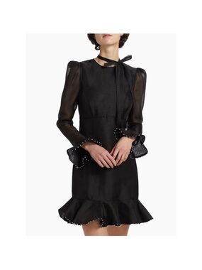 Zimmermann Black Tie-Neck Mini Dress with Ruffle Hem